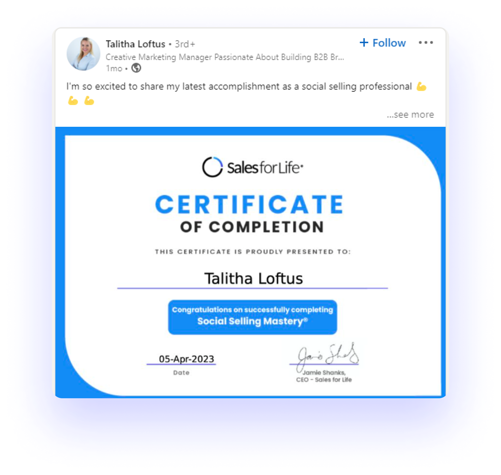 Talitha Loftus certificate
